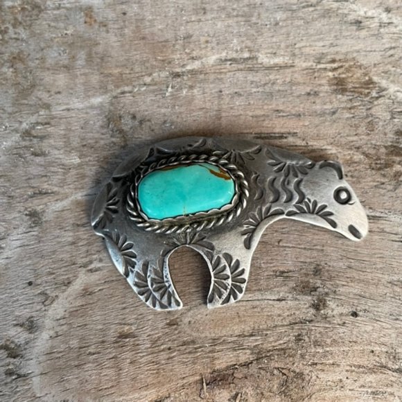Signed AJC Native American Navajo Sterling Silver Turquoise Bear Pin - Picture 10 of 14